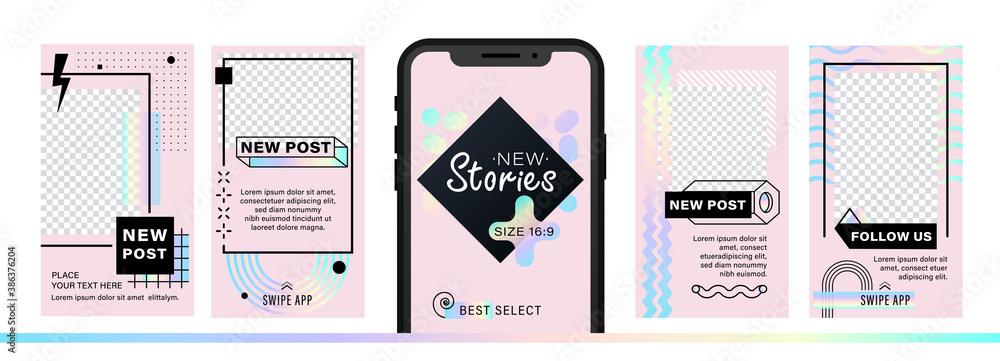 Set of abstract trendy design for stories with dispersion effect.  Editable template for social networks stories. For create trendy stories, sales, poster, new posts in memphis and hipster style. - obrazy, fototapety, plakaty 