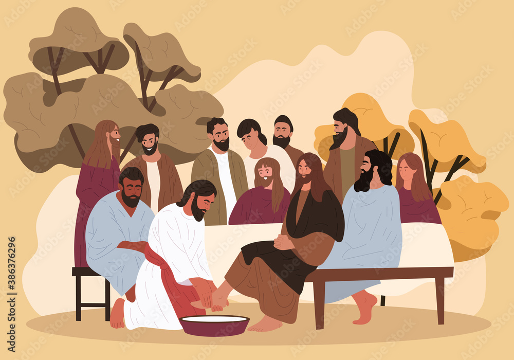 Biblical scene. Jesus washes the feet of the apostles. Flat cartoon ...