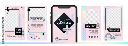 Set of abstract trendy design for stories with dispersion effect.  Editable template for social networks stories. For create trendy stories, sales, poster, new posts in memphis and hipster style.