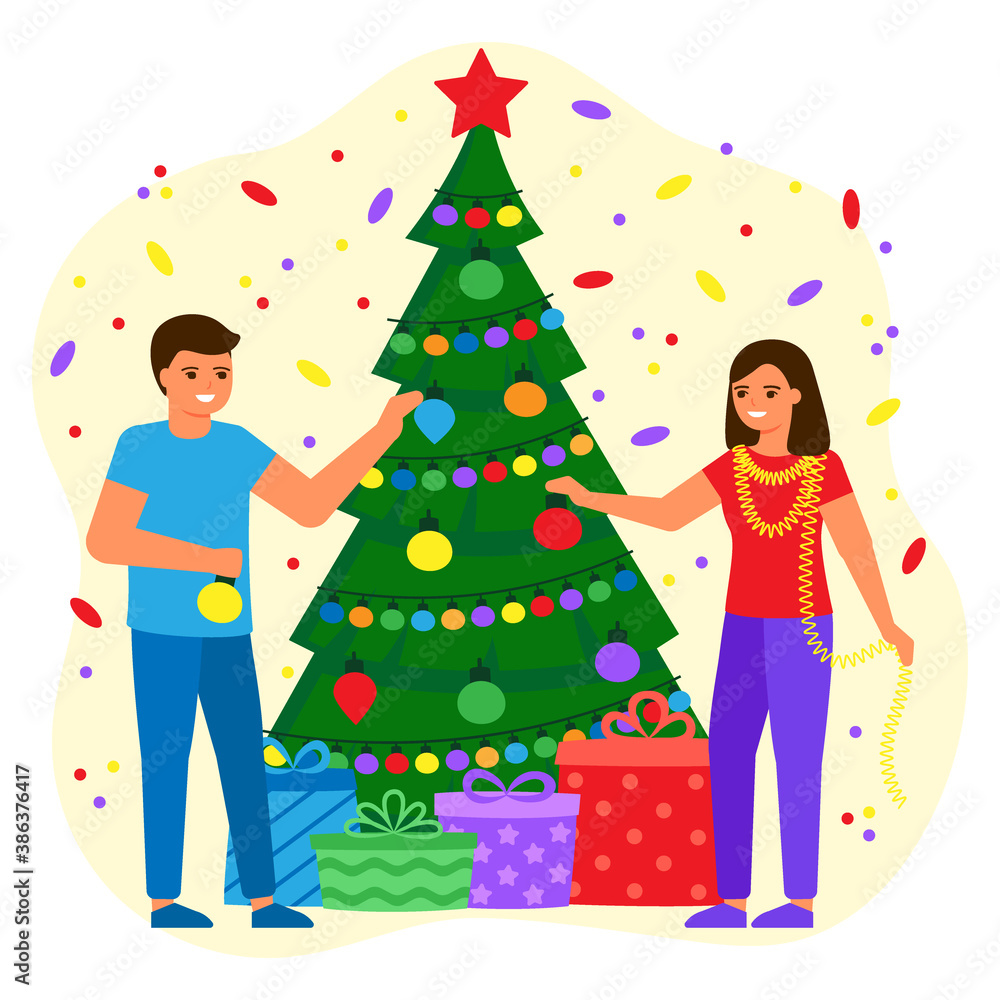 People man and woman decorate green spruce with balls and lightbulbs. Young couple waiting for holiday with gifts. Christmas and New Years holiday. Vector illustration