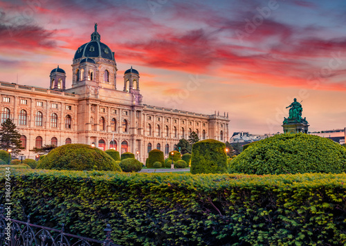 Awesome spring scene of Maria Theresa Square with famous Naturhistorisches Museum (Natural History Museum) and MariaTheresia Monument. Stunning morning cityscape of Vienna, Austria, Europe.
