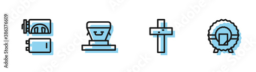 Set line Christian cross, Crematorium, Coffin and Memorial wreath icon. Vector.
