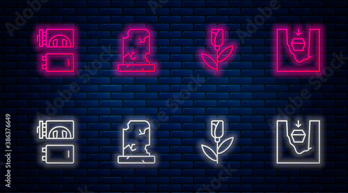 Set line Old grave with tombstone, Flower rose, Crematorium and Coffin in. Glowing neon icon on brick wall. Vector.