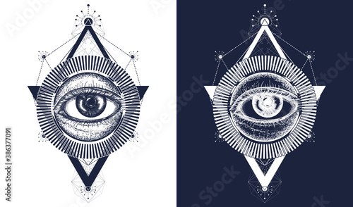 All seeing eye tattoo. Freemason and spiritual symbols. Alchemy, medieval, occultism and esoteric art t-shirt design. Black and white vector graphics
