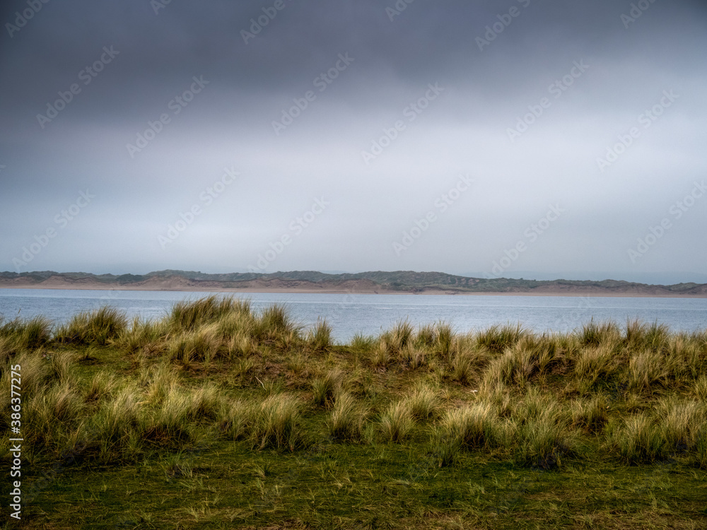 Marram grass view as storm comes in over Northam Burrows, North Devon, UK.