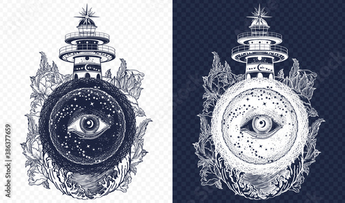 Lighthouse, roses and all seeing eye tattoo. Freemason, spiritual and mystical signs. T-shirt design. Black and white vector graphics