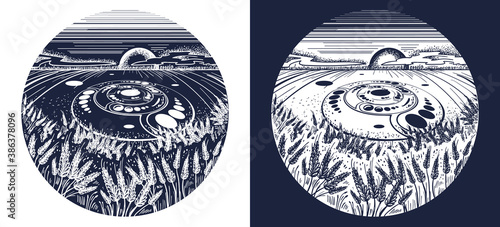 Circles on fields tattoo art. Mystical alien signs on meadows. Concept of magic, secrets, UFO, first contact t-shirt design. Black and white vector graphics