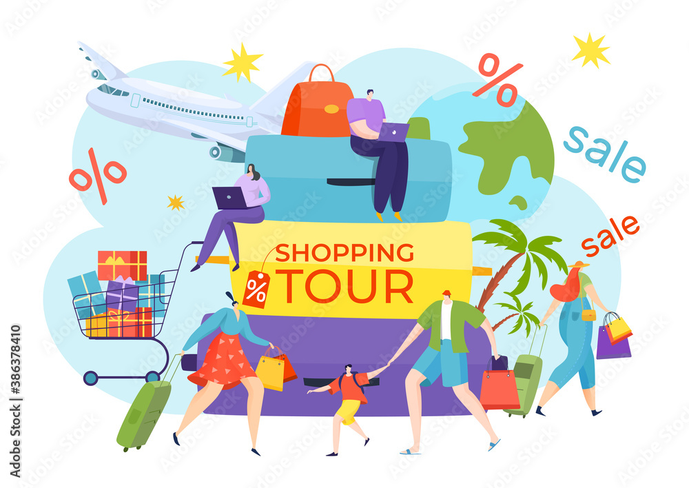 Shopping tour, woman man people with package vector illustration. Person travel for buy at fashion city, shop purchase sale. Cartoon arriving with baggage, flat trolley and promotion.