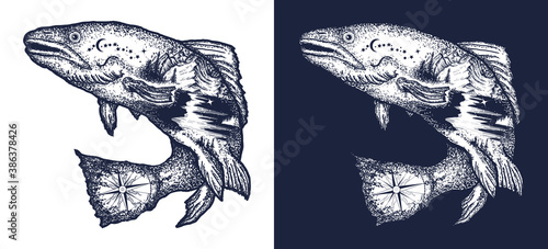 Trout double exposure tattoo art and t-shirt design. Salmon. Symbol of fishing, tourism, wild nature, outdoor, travel. Black and white vector graphics