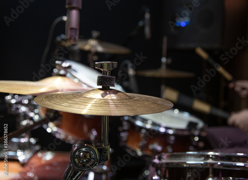 Cropped image of drum set. Drum kit with crash, ride, splash cymbal.