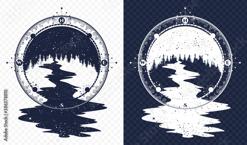 Star river flows from the compass tattoo art. Travel symbol and tourism. T-shirt design, surreal outdoor concept. Black and white vector graphics