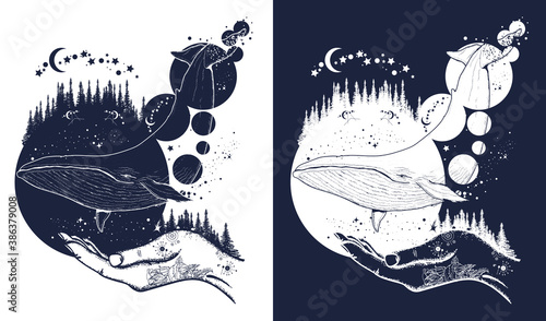 Photography Whale, magic forest and hands tattoo art