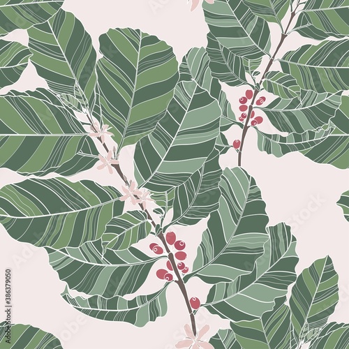 Berries, leaves, shoots and grains of coffee, seamless pattern, line art in simple style and colored.