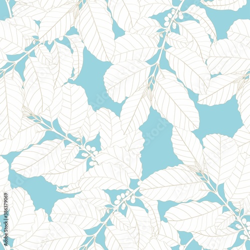 Seamless pattern with leaves and branches of coffee plant, Hand-drawn illustration on vintage blue background.