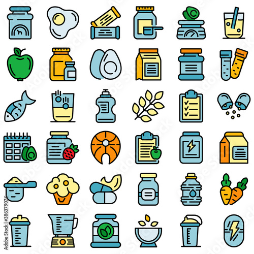 Sports nutrition icons set. Outline set of sports nutrition vector icons thin line color flat on white