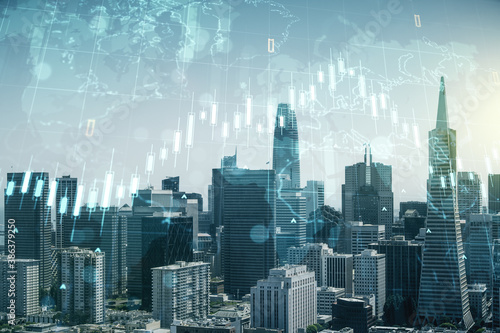 Multi exposure of virtual abstract financial chart hologram and world map on San Francisco skyscrapers background  research and analytics concept