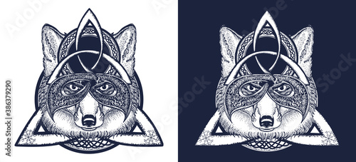 Fox viking in the celtic style, tattoo  and t-shirt design. Magic animals art. Black and white vector graphics