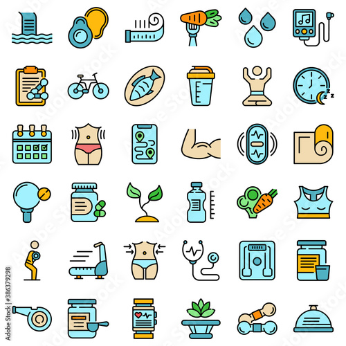Healthy lifestyle icons set. Outline set of healthy lifestyle vector icons thin line color flat on white