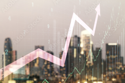Double exposure of abstract creative financial chart and upward arrow illustration on blurry cityscape background, research and strategy concept
