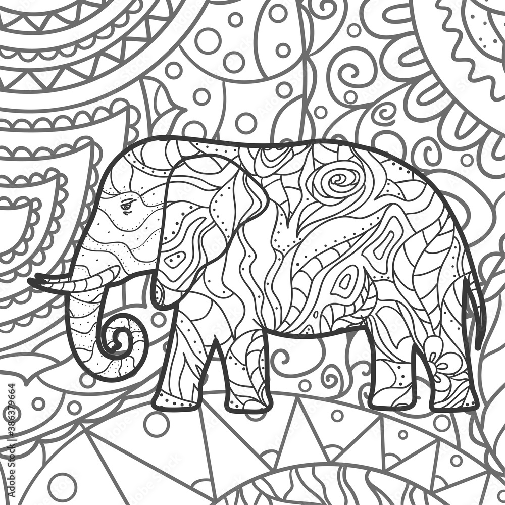 Square intricate pattern. Monochrome wallpaper with patterned elephant. Hand drawn patterns. Black and white illustration