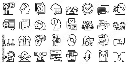 Discussion icons set. Outline set of discussion vector icons for web design isolated on white background