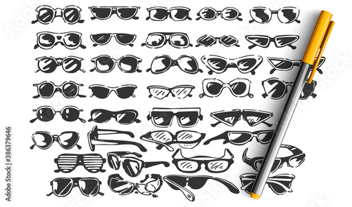 Glasses doodle set. Colection of hand drawn sketches templates patterns of optician objects stylish sunglasses spectacles assortment on white background. Eye health and vision illustration.