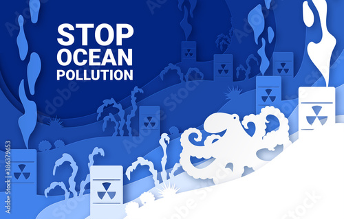 Campaign poster for the protection of the ocean from pollution. Layered paper-style design. Ecology and environment protection. Vector illustration