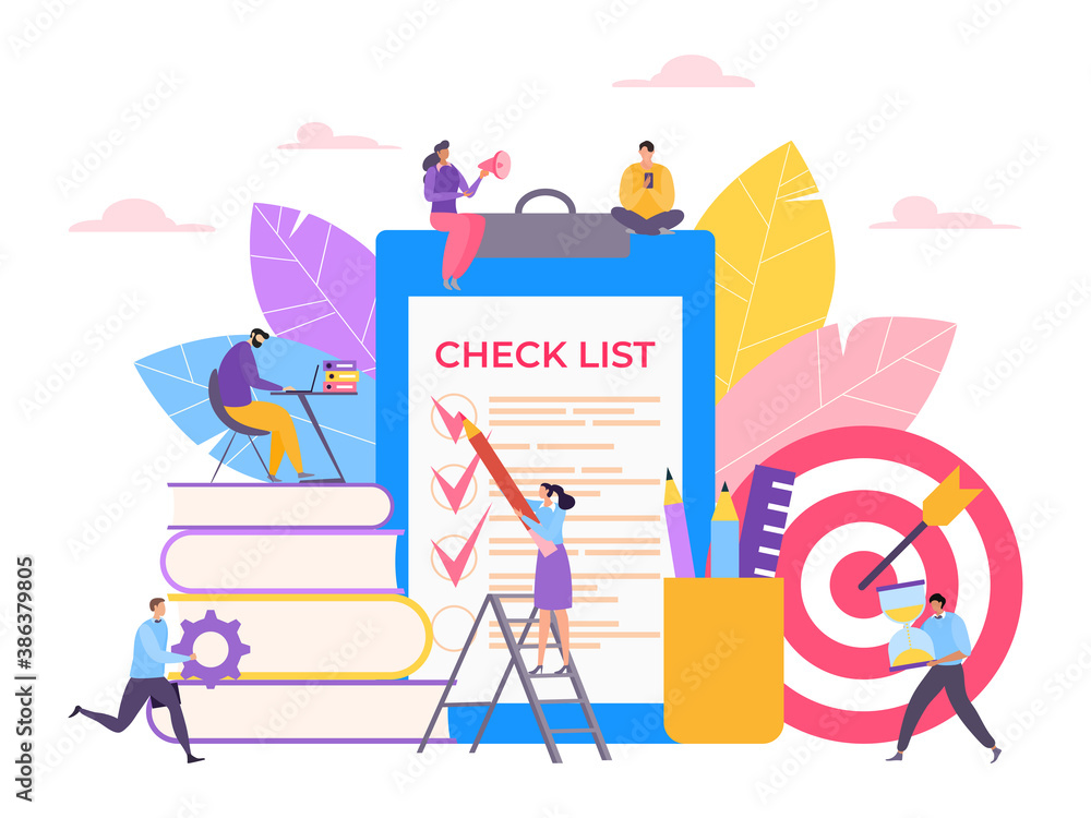 Task time management and check list, character freelancer worker, complete deal cartoon vector illustration, isolated on white. Woman hold pencil and note planner, man work laptop and carry hourglass. Task time management and check list, character freelancer worker, complete deal cartoon vector illustration, isolated on white. Woman hold pencil and note planner, man work laptop and carry hourglass.