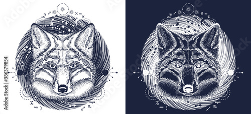Magic fox and universe, tattoo. Creative animals, t-shirt print design. Black and white vector graphics