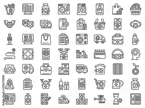 Drug delivery icons set. Outline set of drug delivery vector icons for web design isolated on white background