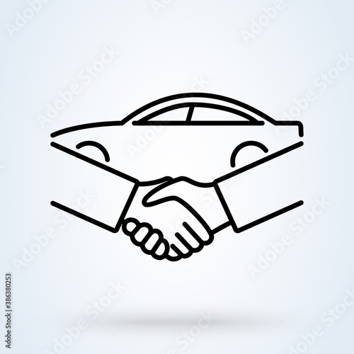Car Deal with Hand shake sign line icon or logo. Business shaking concept. Car dealer making a deal handshake vector linear illustration.