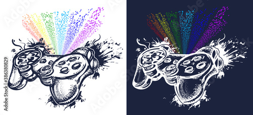 Game controller and rainbow tattoo and t-shirt design. Symbol of industry video games. Vector graphics