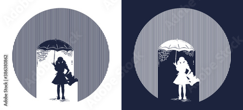 Girl with umbrella costs in rain tattoo. Symbol of protection of children, depression. T-shirt design. Psychology and  philosophy, stress concept. Black and white vector graphics
