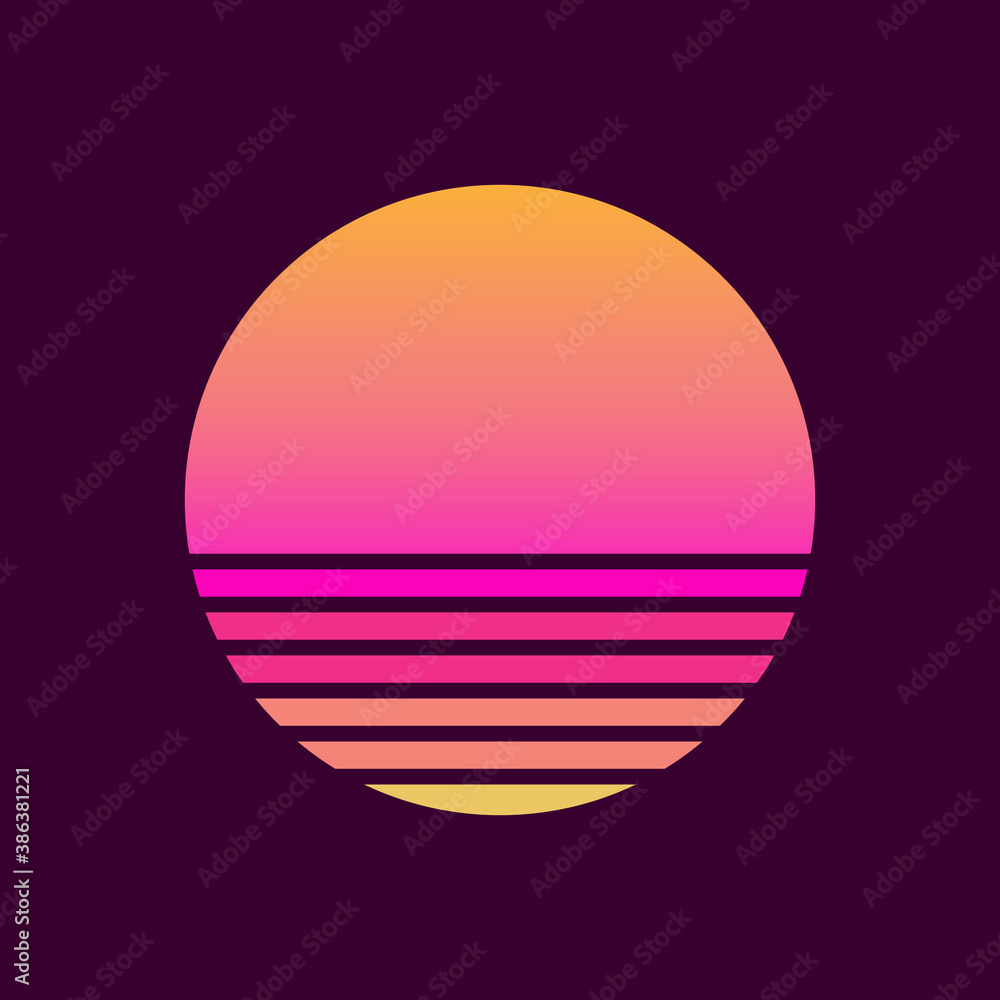 Retro sunset in the style of the 80s-90s. Abstract background with a sunny gradient. Purple and yellow colors. Design template for logo, icons, banners, prints. Isolated dark background. Vector