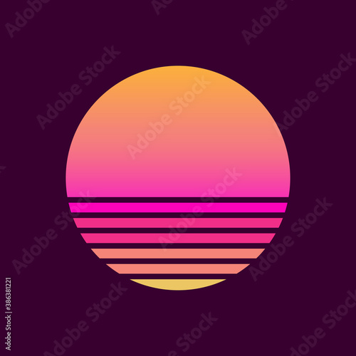 Retro sunset in the style of the 80s-90s. Abstract background with a sunny gradient. Purple and yellow colors. Design template for logo, icons, banners, prints. Isolated dark background. Vector © Orange Brush