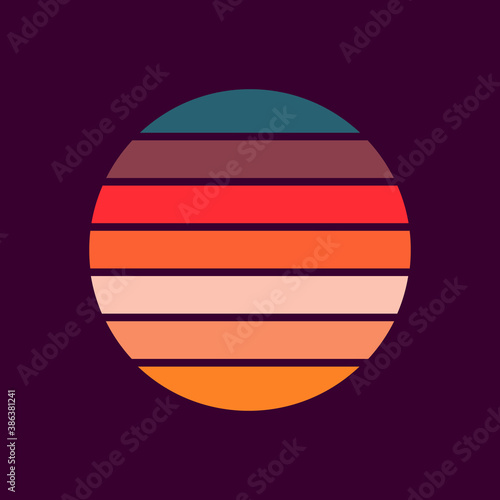 Retro sunset in the style of the 80s-90s. Abstract background with a sunny gradient. Red, orange and yellow colors. Design template for logo, icons, banners, prints. Isolated dark background. Vector