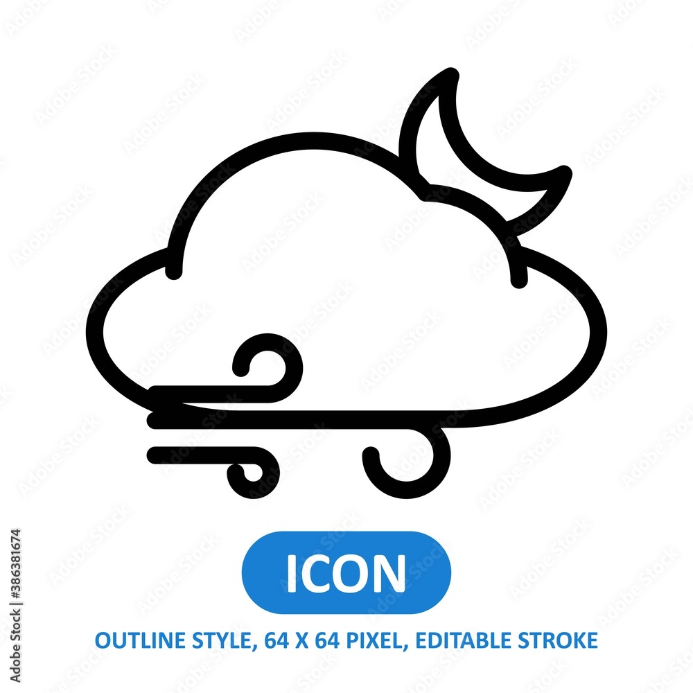 Fototapeta premium windy cloud night line style vector icon on white background. Weather vector illustration. Editable Stroke. 64 x 64 pixels. Simple modern design.
