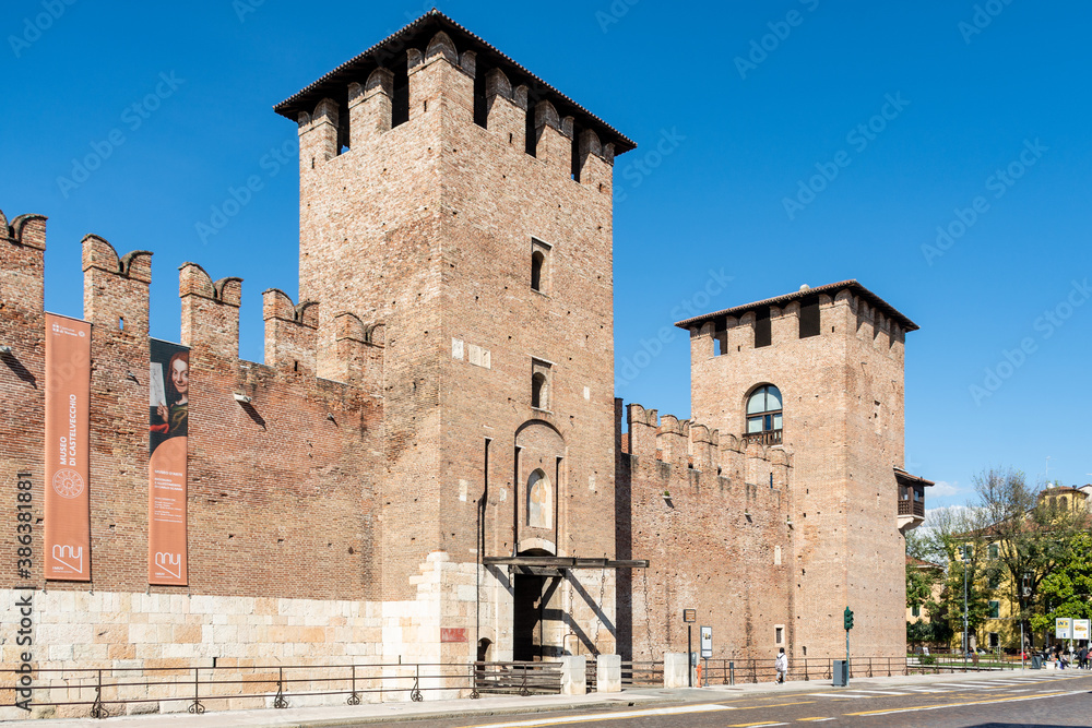 Castle Vecchio in Verona with battlements against the blue sky on a nice autumn day