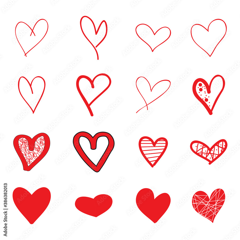 Red heart hand drawn icons set isolated on white background. Collection ...