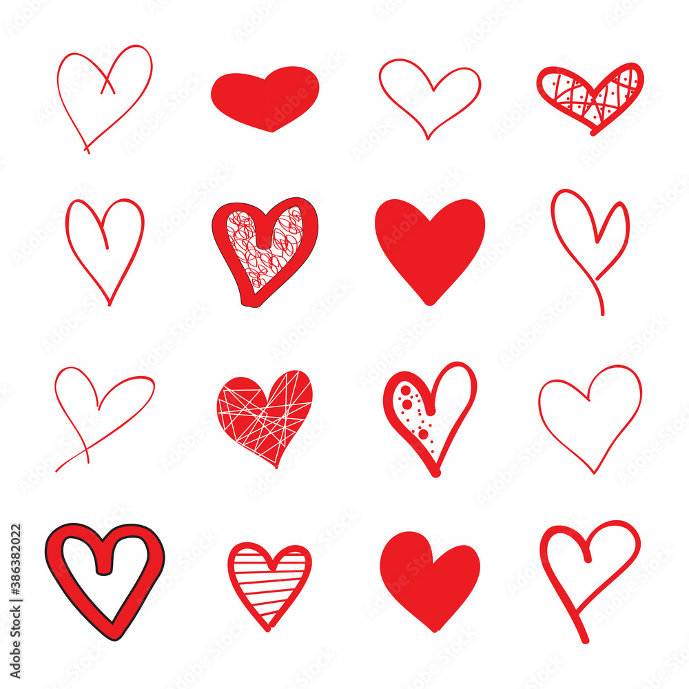 Red heart hand drawn icons set isolated on white background. Collection of hand drawn hearts for love symbol, wallpaper and Valentine's day. Creative outline frame. Heart and love vector Red heart hand drawn icons set isolated on white background. Collection of hand drawn hearts for love symbol, wallpaper and Valentine's day. Creative outline frame. Heart and love vector