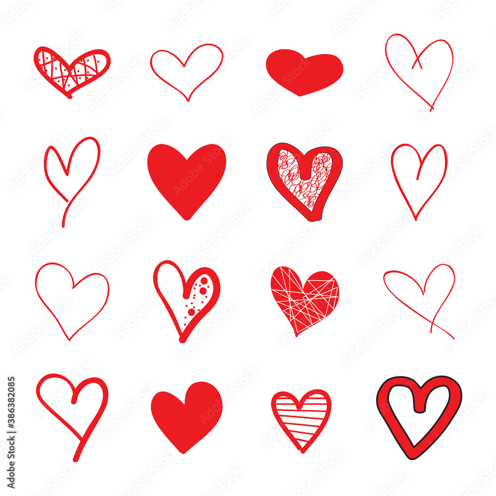 Red heart hand drawn icons set isolated on white background. Collection of hand drawn hearts for love symbol, wallpaper and Valentine's day. Creative outline frame. Heart and love vector