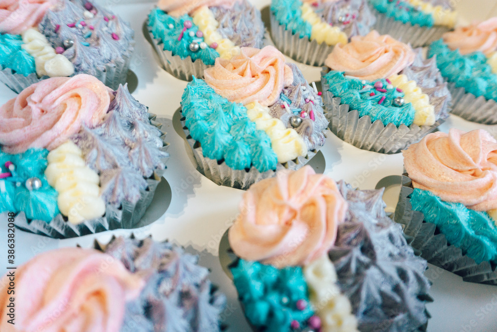 Cupcakes with colourful icing in white box Cupcakes with colourful icing in white box