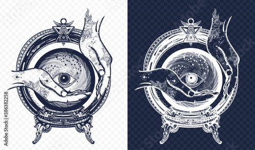 Fortune teller tattoo, crystal ball in their hands. Esoteric t-shirt design. Black and white vector graphics