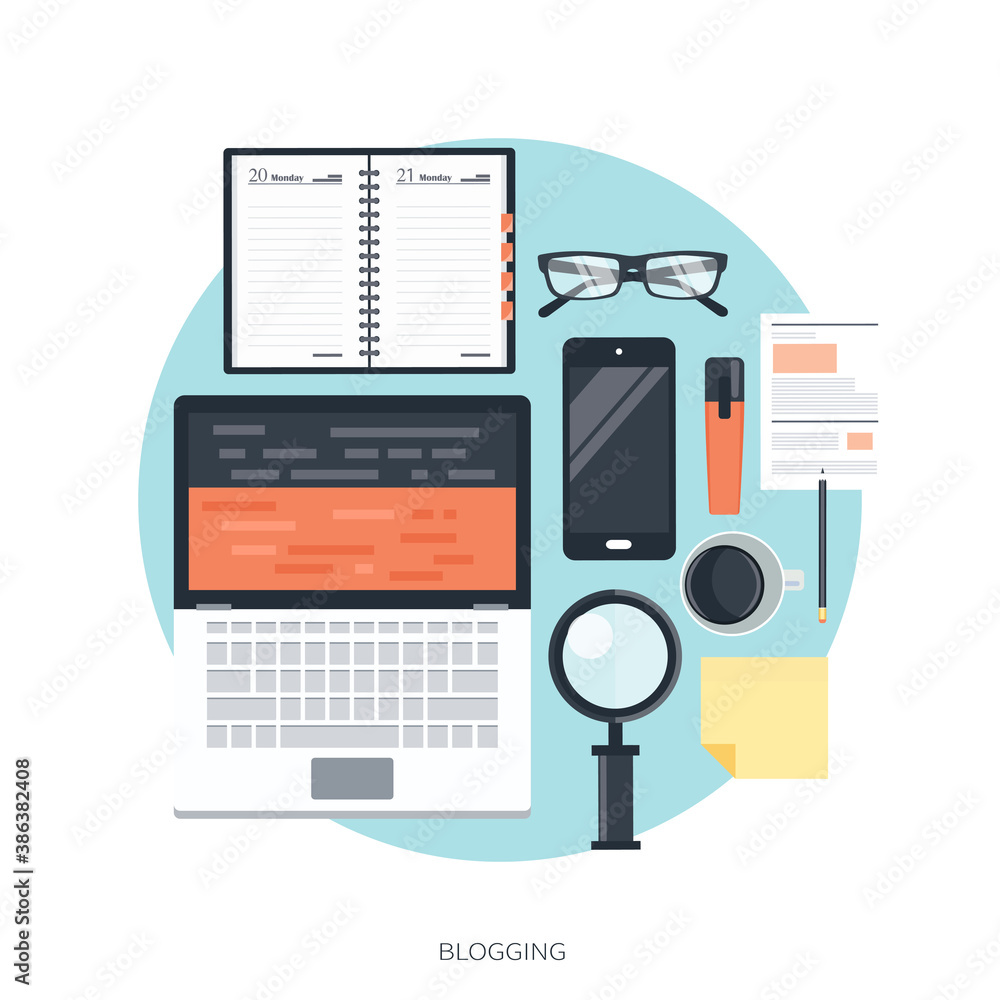 Blogging and journalism concept. Write you story. Flat vector design Blogging and journalism concept. Write you story. Flat vector design
