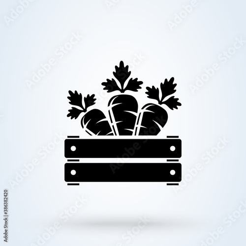 Carrot wooden box icon or logo. food wooden box concept. Healthy natural product vector illustration.