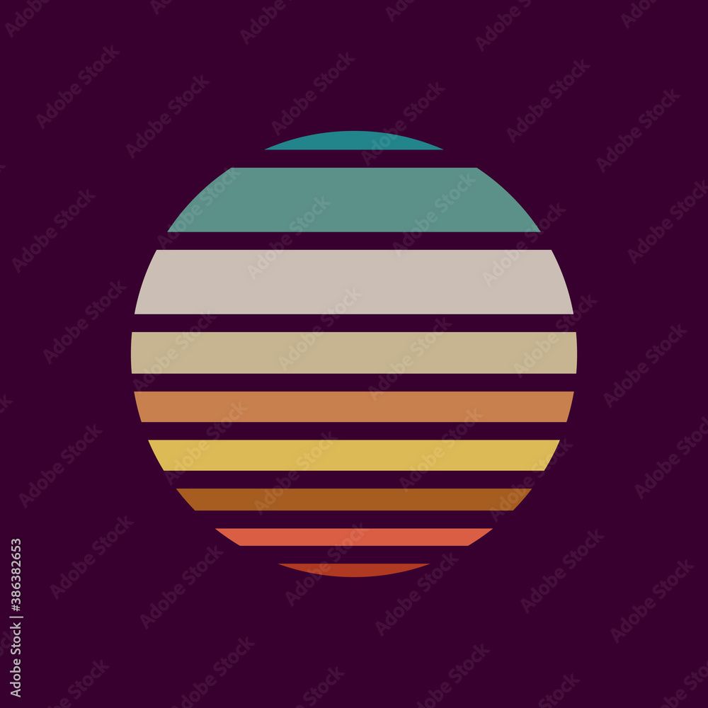 Retro sunset in the style of the 80s-90s. Abstract background with a sunny gradient. Blue and orange colors. Design template for logo, icons, banners, prints. Isolated dark background. Vector