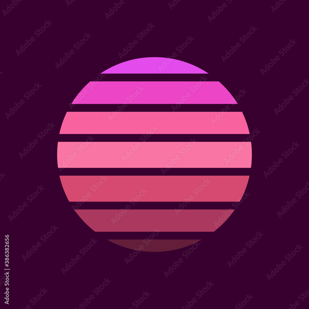 Retro sunset in the style of the 80s-90s. Abstract background with a sunny gradient. Purple colors. Design template for logo, icons, banners, prints. Isolated dark background. Vecto