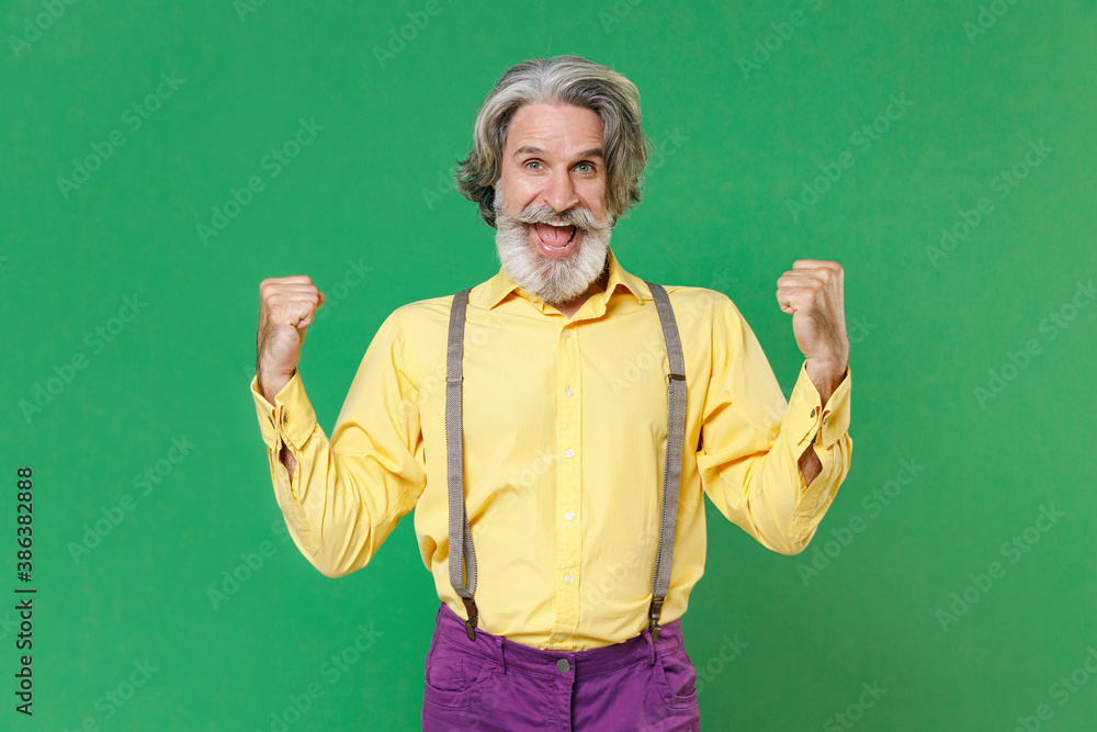 Excited happy elderly gray-haired mustache bearded man in basic yellow shirt suspenders clenching fists doing winner gesture looking camera isolated on bright green colour background, studio portrait.