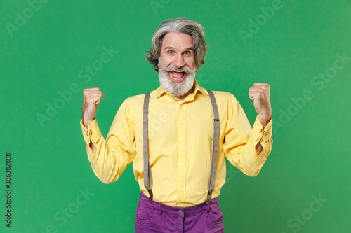 Excited happy elderly gray-haired mustache bearded man in basic yellow shirt suspenders clenching fists doing winner gesture looking camera isolated on bright green colour background, studio portrait. © ViDi Studio
