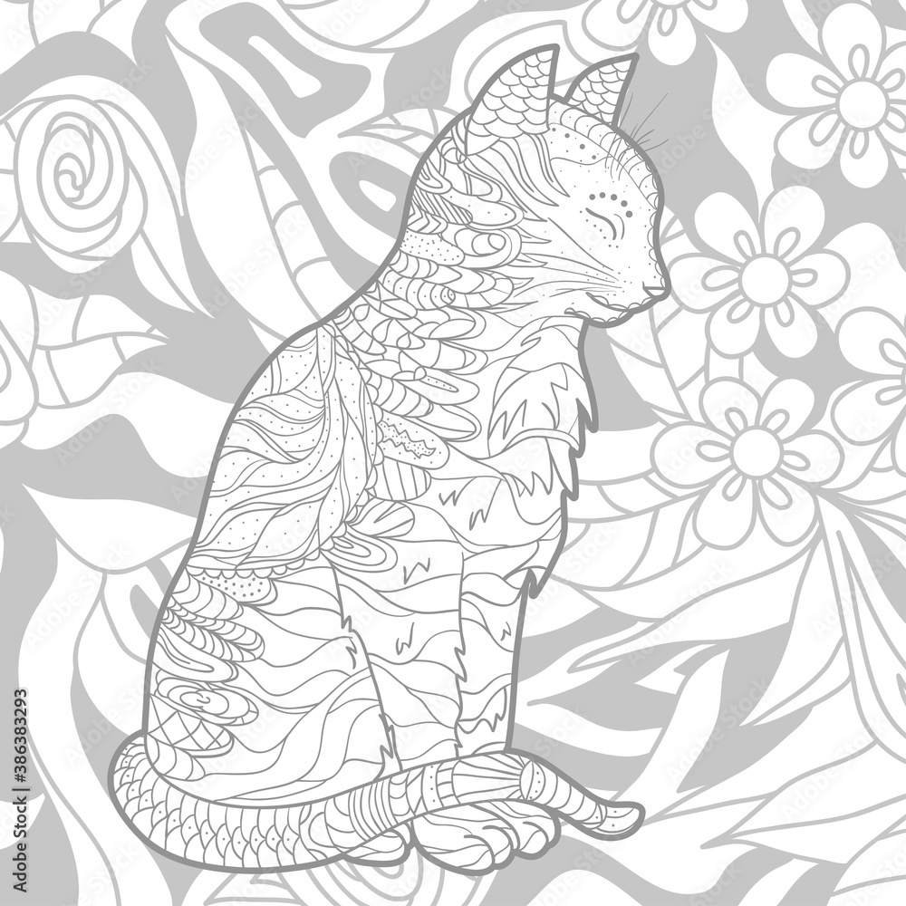 Obraz premium Patterned cat on square shape. Hand drawn abstract pattern. Black and white illustration